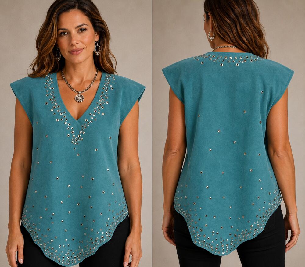 Donald Pliner Suede Leather Top S/M Embellished Tunic V Neck Aqua Turq $995 NWT